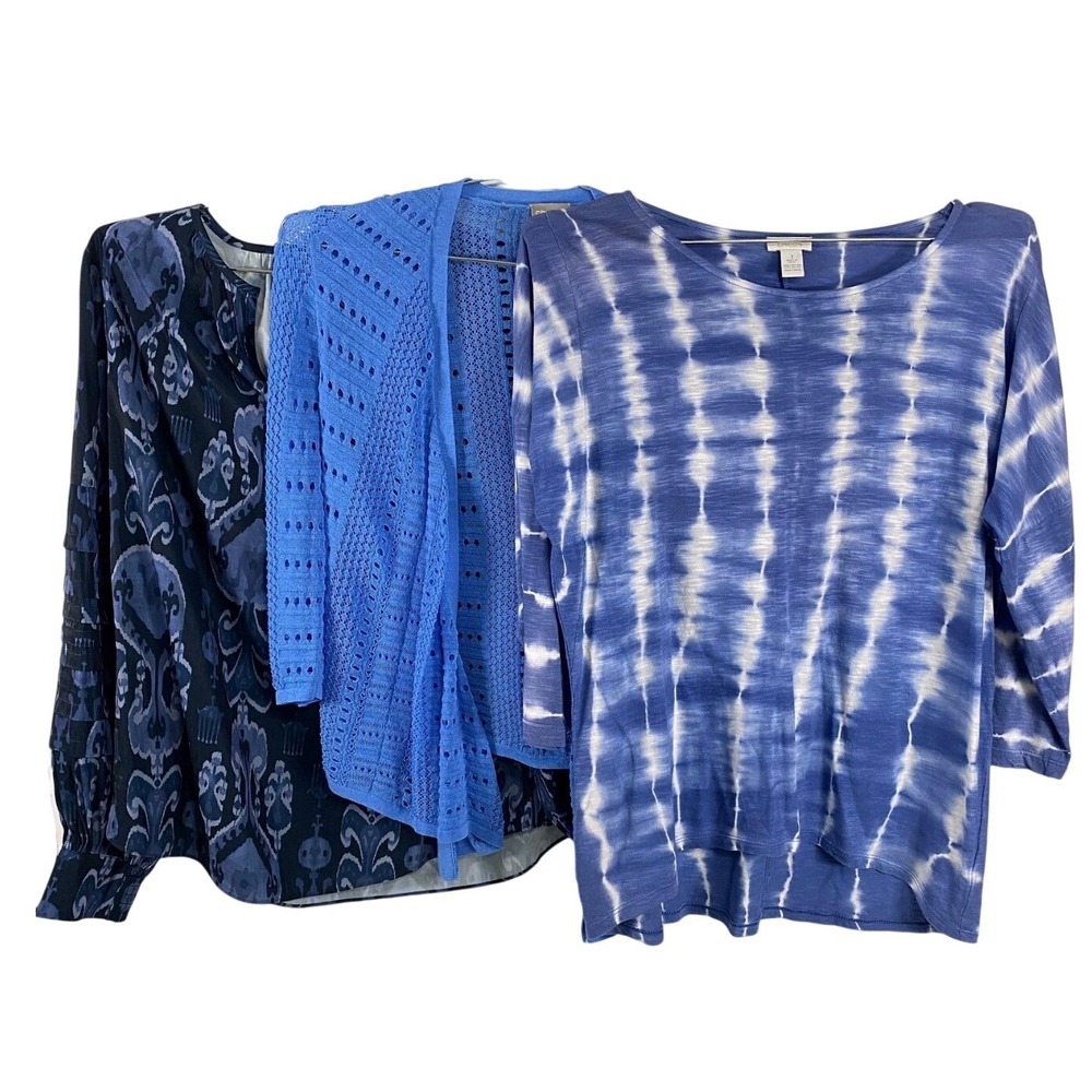 Chicos Tops Womens sz 1 (M) Blue Lot of 3 Blouse Cardigan Ikat TieDye LongSleeve